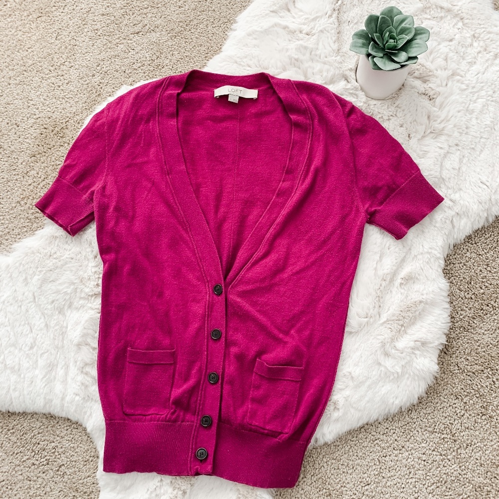 Loft Berry Button Up Short Sleeved Cardigan- XS